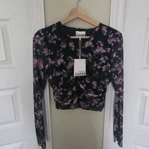 Ganni Black and Pink Floral Blouse